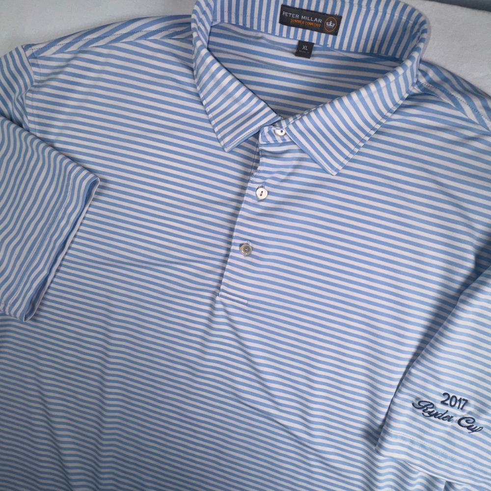 Peter Millar Polo Shirt Mens XL Blue Striped 2017 Ryder Cup Summer Comfort
